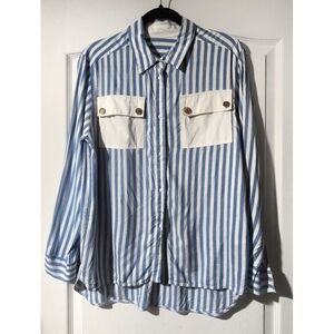 Sandro Paris | Blue & White Striped Silk Blend Button Down Shirt